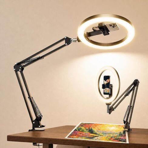 Upgrade 18W Ring Light Overhead Camera Phone Mount for Desk with Adapter, LED Selfie Light with Stand and Phone Holder, Desk Tripod for Video Recording, YouTube, TikTok, Live Stream, Painting in Kuwait