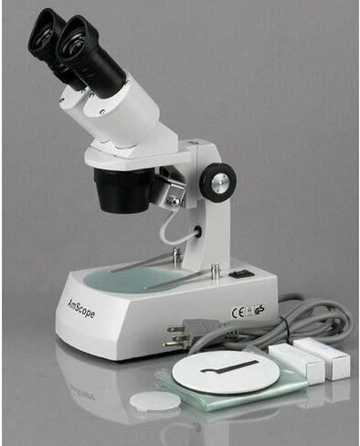 AmScope SE305R-AX Forward-Mounted Binocular Stereo Microscope, WF5x and WF10x Eyepieces, 5X/10X/15X/30X Magnification, 1X and 3X Objectives, Upper and Lower Halogen Light Source, Arm Stand, 120V in Kuwait
