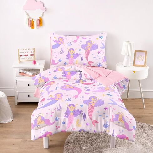 Wake In Cloud - Toddler Bedding Set for Girls, Mermaid Ocean Sea Animal, 4 Pieces Soft Crib Bed Set Including Comforter, Sheets and Pillowcase, Light Pink in Kuwait