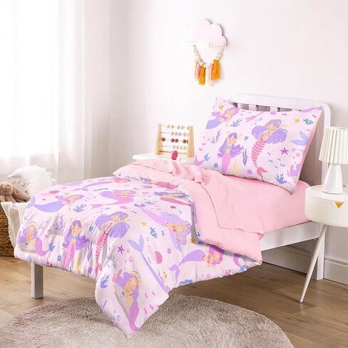 Wake In Cloud - Toddler Bedding Set for Girls, Mermaid Ocean Sea Animal, 4 Pieces Soft Crib Bed Set Including Comforter, Sheets and Pillowcase, Light Pink in Kuwait