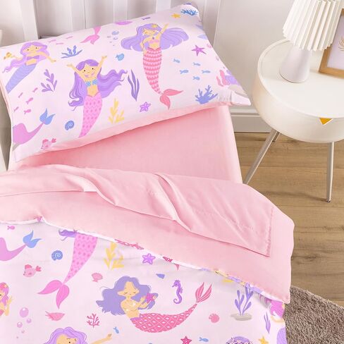 Wake In Cloud - Toddler Bedding Set for Girls, Mermaid Ocean Sea Animal, 4 Pieces Soft Crib Bed Set Including Comforter, Sheets and Pillowcase, Light Pink in Kuwait