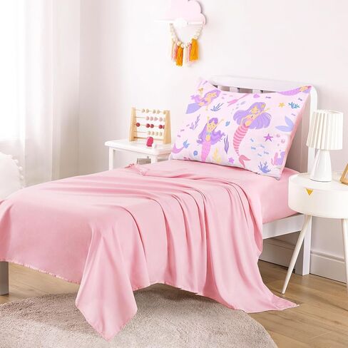 Wake In Cloud - Toddler Bedding Set for Girls, Mermaid Ocean Sea Animal, 4 Pieces Soft Crib Bed Set Including Comforter, Sheets and Pillowcase, Light Pink in Kuwait