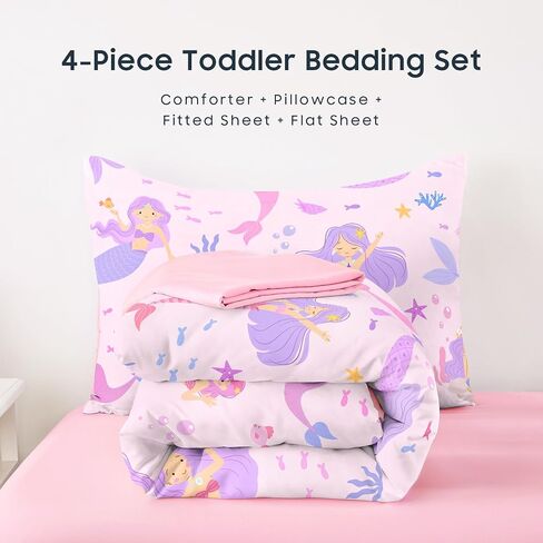 Wake In Cloud - Toddler Bedding Set for Girls, Mermaid Ocean Sea Animal, 4 Pieces Soft Crib Bed Set Including Comforter, Sheets and Pillowcase, Light Pink in Kuwait