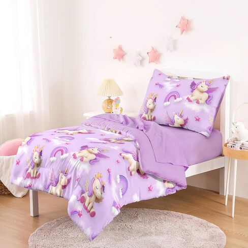 Wake In Cloud - Toddler Bedding Set for Girls, 3D Unicorns Rainbow Clouds, 4 Pieces Soft Crib Bed Set Including Comforter, Sheets and Pillowcase, Purple in Kuwait