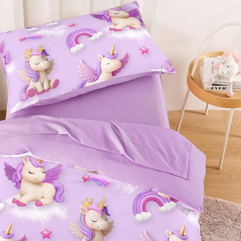 Wake In Cloud - Toddler Bedding Set for Girls, 3D Unicorns Rainbow Clouds, 4 Pieces Soft Crib Bed Set Including Comforter, Sheets and Pillowcase, Purple in Kuwait