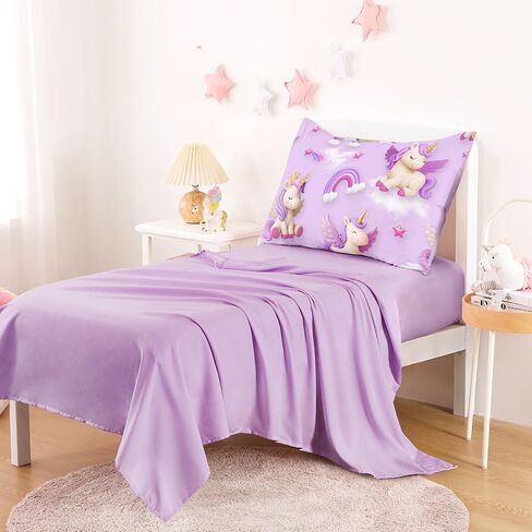Wake In Cloud - Toddler Bedding Set for Girls, 3D Unicorns Rainbow Clouds, 4 Pieces Soft Crib Bed Set Including Comforter, Sheets and Pillowcase, Purple in Kuwait