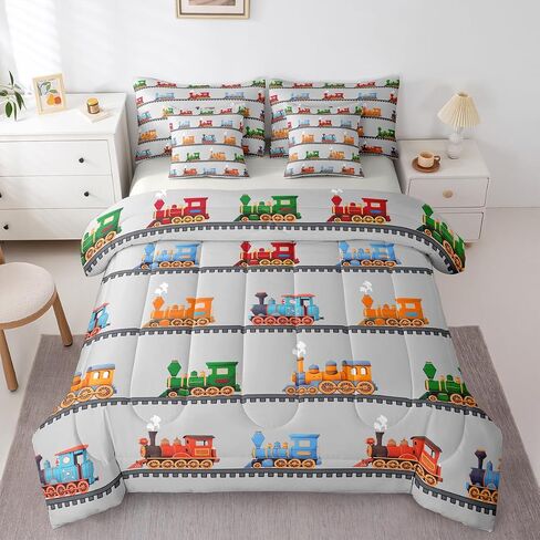 Kids Train Comforter Set Twin Size Colorful Steam Engine Train Bedding Sets(1 Comforter, 1 Flat Sheet 1 Fitted Sheet 2 Pillowcases And 2 Throw Pillow Covers)Gray, Green, Blue, Yellow, White in Kuwait