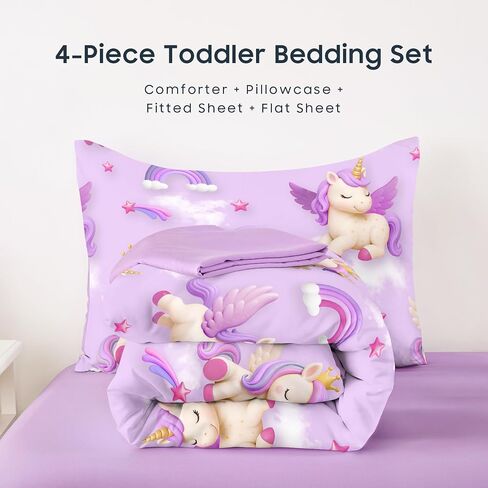 Wake In Cloud - Toddler Bedding Set for Girls, 3D Unicorns Rainbow Clouds, 4 Pieces Soft Crib Bed Set Including Comforter, Sheets and Pillowcase, Purple in Kuwait