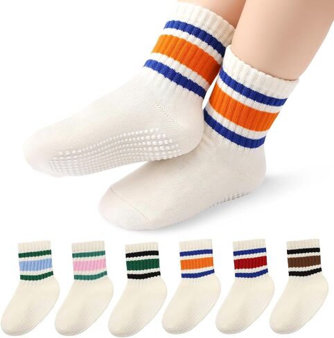 6 Pairs Toddler Non Slip Socks for 1-3 Years, Cotton Baby Grip Socks with Anti-Slip Grippers for Infant Boys Girls in Kuwait