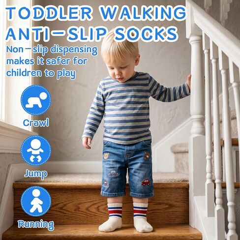 6 Pairs Toddler Non Slip Socks for 1-3 Years, Cotton Baby Grip Socks with Anti-Slip Grippers for Infant Boys Girls in Kuwait