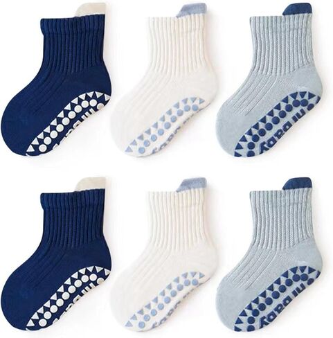 IZUS 6 Pairs Toddler Grip Socks Anti-slip Dots Kid-Girl Cotton Crew Socks Anti Skid Sock Baby-Boy Newborn Infant 1-3T in Kuwait