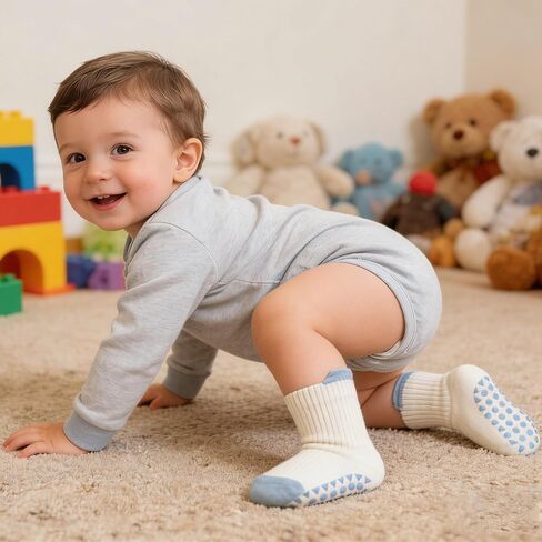 IZUS 6 Pairs Toddler Grip Socks Anti-slip Dots Kid-Girl Cotton Crew Socks Anti Skid Sock Baby-Boy Newborn Infant 1-3T in Kuwait
