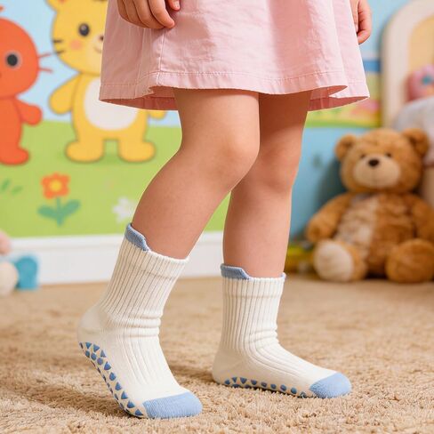 IZUS 6 Pairs Toddler Grip Socks Anti-slip Dots Kid-Girl Cotton Crew Socks Anti Skid Sock Baby-Boy Newborn Infant 1-3T in Kuwait