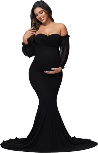 Maternity Mesh Puff Sleeve Off Shoulder Maxi Photoshoot Dress for Baby Shower Mermaid Hem Party Gown for Photography in Kuwait