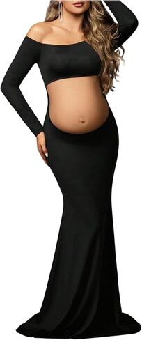 SweatyRocks Women's Maternity Dress for Photoshoot Off the Shoulder Long Sleeve Cut Out Fishtail Maxi Dresses in Kuwait