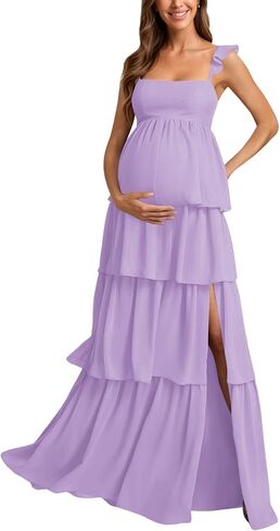 Tiered Maternity Dresses for Photoshoot Ruffly Straps Chiffon Baby Shower Dress Split Formal Pregnancy Gown in Kuwait