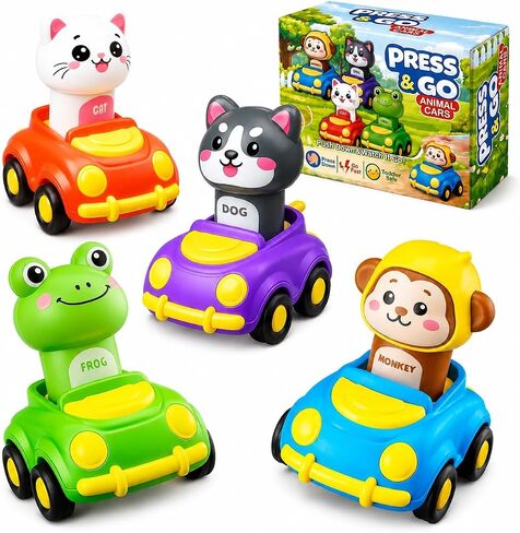 Press to Go Car Toys for Toddlers, Animal Cars for Babies 6-36 Months | 4 Pack Vehicle Set, First Birthday Gifts, Infant Sensory Toys, Baby Shower Gifts, Fun Gifts for Boys & Girls in Kuwait