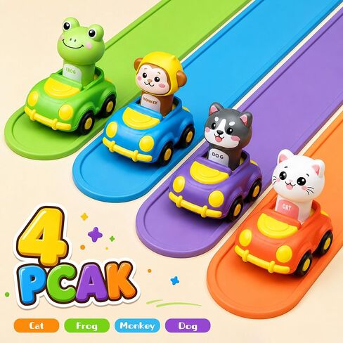 Press to Go Car Toys for Toddlers, Animal Cars for Babies 6-36 Months | 4 Pack Vehicle Set, First Birthday Gifts, Infant Sensory Toys, Baby Shower Gifts, Fun Gifts for Boys & Girls in Kuwait