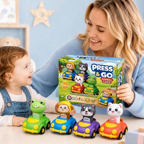 Press to Go Car Toys for Toddlers, Animal Cars for Babies 6-36 Months | 4 Pack Vehicle Set, First Birthday Gifts, Infant Sensory Toys, Baby Shower Gifts, Fun Gifts for Boys & Girls in Kuwait