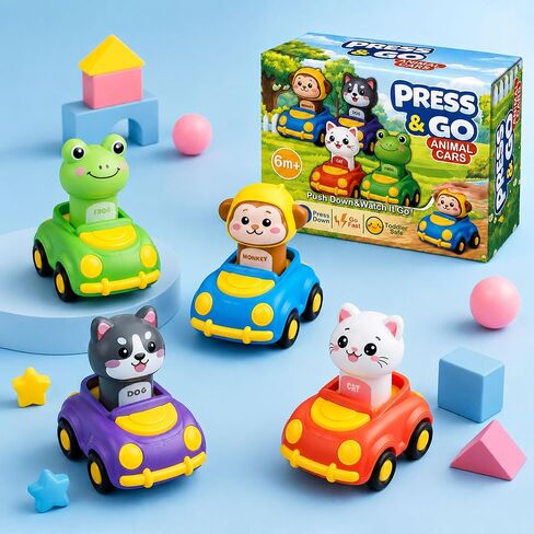 Press to Go Car Toys for Toddlers, Animal Cars for Babies 6-36 Months | 4 Pack Vehicle Set, First Birthday Gifts, Infant Sensory Toys, Baby Shower Gifts, Fun Gifts for Boys & Girls in Kuwait