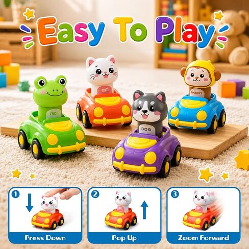 Press to Go Car Toys for Toddlers, Animal Cars for Babies 6-36 Months | 4 Pack Vehicle Set, First Birthday Gifts, Infant Sensory Toys, Baby Shower Gifts, Fun Gifts for Boys & Girls in Kuwait