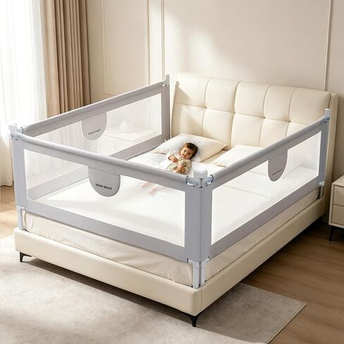 omzer 3-Piece Queen Size Bed Rails for Toddlers with Pocket | 3 Pack 78.74"x78.74"x59", Height Adjustable, Pocket Storage, Non-toxic Oxford Fabric, Three-Sided Protection, Grey in Kuwait