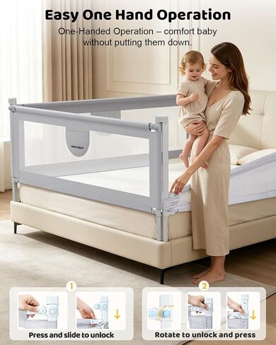 omzer 3-Piece Queen Size Bed Rails for Toddlers with Pocket | 3 Pack 78.74"x78.74"x59", Height Adjustable, Pocket Storage, Non-toxic Oxford Fabric, Three-Sided Protection, Grey in Kuwait