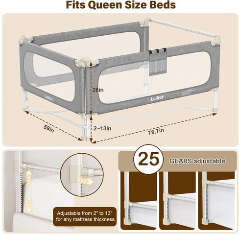Queen Size Bed Rails for Toddlers: 3-Piece with Corner Cushion | Sturdy, Tool-Free Install, Fold-Down & Dual Safety Lock, Breathable, Adjustable for 2-13" Mattress, for Infant Co-Sleeping in Kuwait