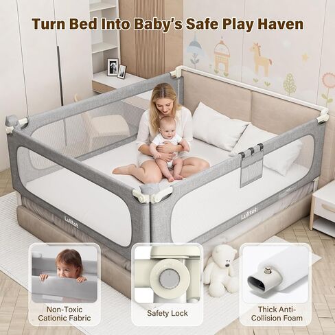 Queen Size Bed Rails for Toddlers: 3-Piece with Corner Cushion | Sturdy, Tool-Free Install, Fold-Down & Dual Safety Lock, Breathable, Adjustable for 2-13" Mattress, for Infant Co-Sleeping in Kuwait