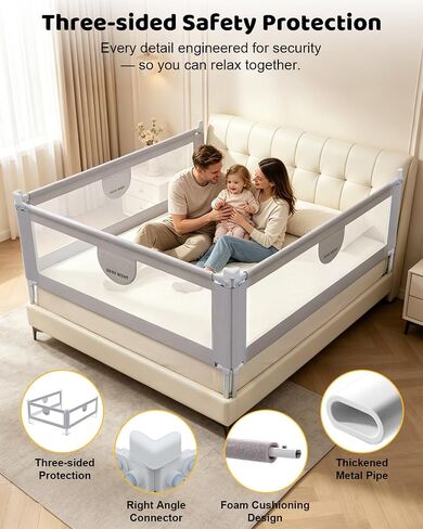 omzer 3-Piece King Size Bed Rails for Toddlers with Pocket | 3 Pack 78.74"x78.74"x74.8", Height Adjustable, Pocket Storage, Non-toxic Oxford Fabric, Three-Sided Protection, Grey in Kuwait