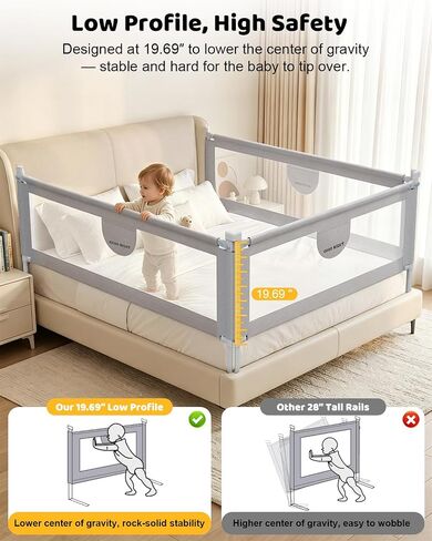 omzer 3-Piece King Size Bed Rails for Toddlers with Pocket | 3 Pack 78.74"x78.74"x74.8", Height Adjustable, Pocket Storage, Non-toxic Oxford Fabric, Three-Sided Protection, Grey in Kuwait
