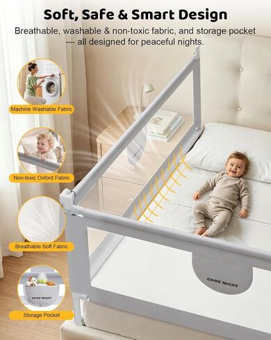 omzer 3-Piece King Size Bed Rails for Toddlers with Pocket | 3 Pack 78.74"x78.74"x74.8", Height Adjustable, Pocket Storage, Non-toxic Oxford Fabric, Three-Sided Protection, Grey in Kuwait