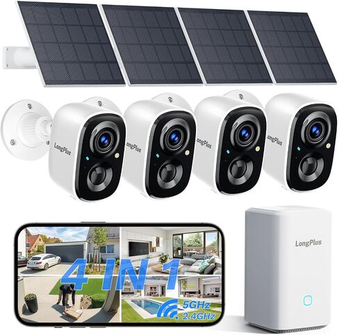 LongPlus 3K Solar Security Cameras Wireless Outdoor, 2 Cam-Kit, No Subscription Required, One-Click Pairing Home Surveillance System, Security Camera with 8W Solar Panel,360° View, Color Night Vision in Kuwait