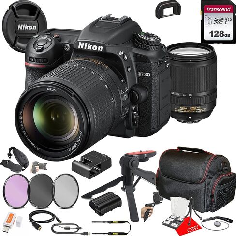 Nikon D7500 DSLR Camera Kit with 18-140mm VR Lens + 128GB Memory + Case + Filters + Tripod + 3 Piece Filter Kit + More (24pc Bundle) (Renewed) in Kuwait