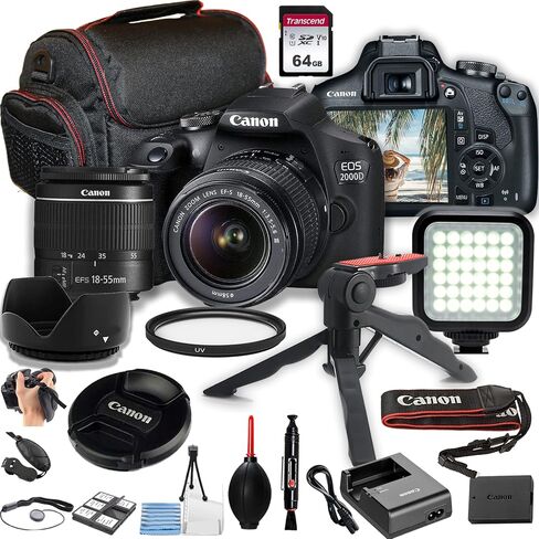 Canon EOS 2000D / Rebel T7DSLR Camera Bundle – EF-S 18-55mm Lens, 64GB Memory Card, LED Video Light, Tripod, Camera Case & Accessories Kit (Renewed) in Kuwait