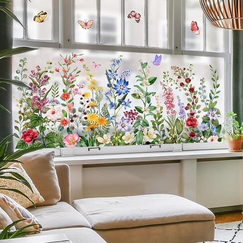 Colorful Floral Window Clings, Watercolor Wildflower Wall Stickers, Peel and Stick Reusable Removable Double-Sided for Home Office Decor (Green) in Kuwait