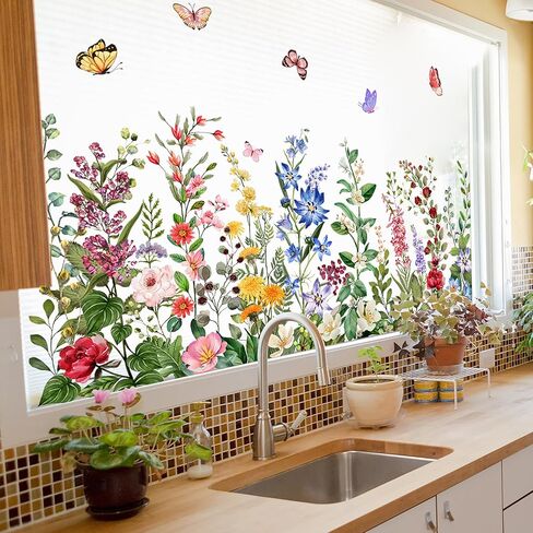 Colorful Floral Window Clings, Watercolor Wildflower Wall Stickers, Peel and Stick Reusable Removable Double-Sided for Home Office Decor (Green) in Kuwait