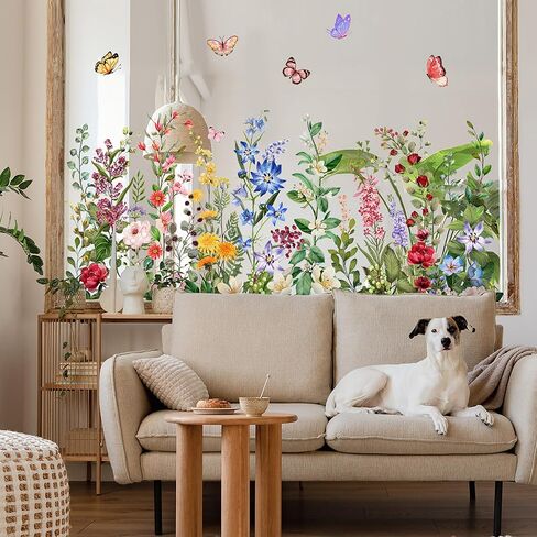 Colorful Floral Window Clings, Watercolor Wildflower Wall Stickers, Peel and Stick Reusable Removable Double-Sided for Home Office Decor (Green) in Kuwait