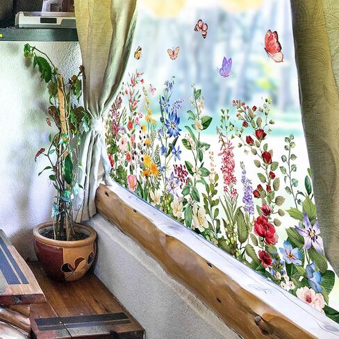 Colorful Floral Window Clings, Watercolor Wildflower Wall Stickers, Peel and Stick Reusable Removable Double-Sided for Home Office Decor (Green) in Kuwait