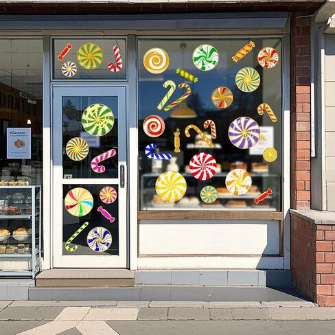 Christmas Candy Window Sticker Hot Stamping DIY Glass Decor | Colorful Lollipop and Candy Window Decal Double-sided Peel and Stick Clings Suitable for Stores Cafes Living Rooms in Kuwait