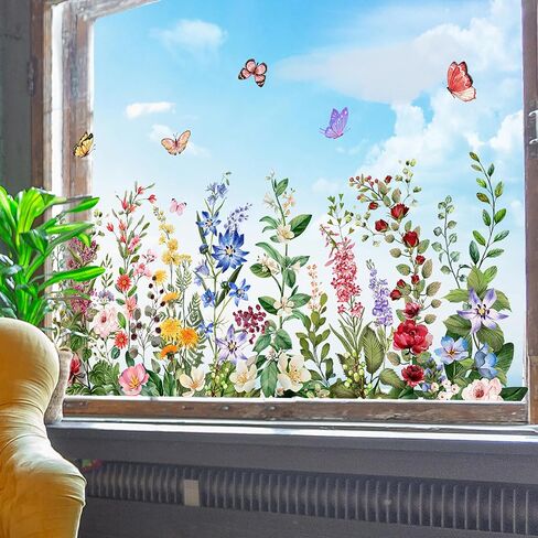 Colorful Floral Window Clings, Watercolor Wildflower Wall Stickers, Peel and Stick Reusable Removable Double-Sided for Home Office Decor (Green) in Kuwait