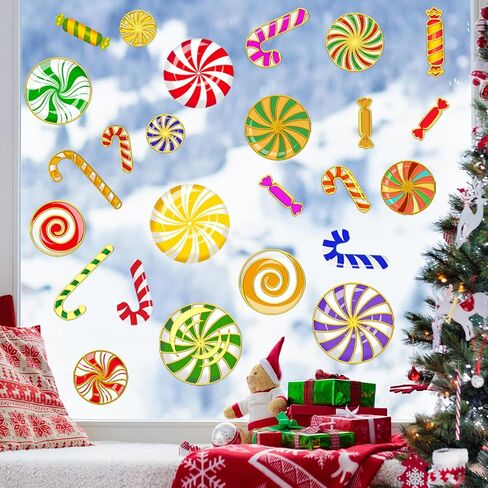 Christmas Candy Window Sticker Hot Stamping DIY Glass Decor | Colorful Lollipop and Candy Window Decal Double-sided Peel and Stick Clings Suitable for Stores Cafes Living Rooms in Kuwait