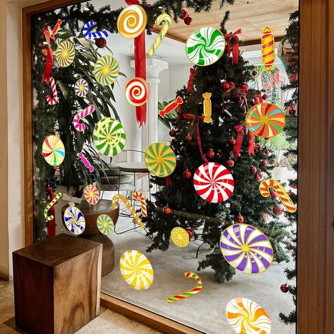Christmas Candy Window Sticker Hot Stamping DIY Glass Decor | Colorful Lollipop and Candy Window Decal Double-sided Peel and Stick Clings Suitable for Stores Cafes Living Rooms in Kuwait
