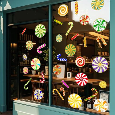 Christmas Candy Window Sticker Hot Stamping DIY Glass Decor | Colorful Lollipop and Candy Window Decal Double-sided Peel and Stick Clings Suitable for Stores Cafes Living Rooms in Kuwait
