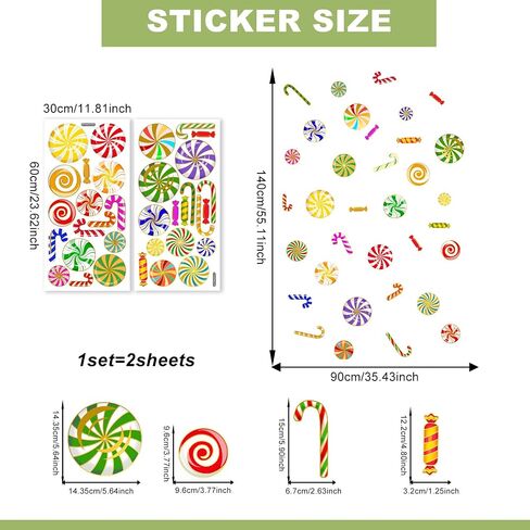 Christmas Candy Window Sticker Hot Stamping DIY Glass Decor | Colorful Lollipop and Candy Window Decal Double-sided Peel and Stick Clings Suitable for Stores Cafes Living Rooms in Kuwait