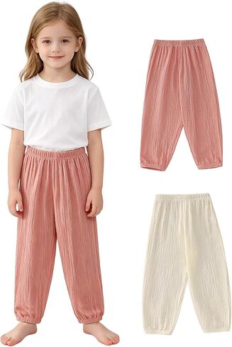 Toddler Boys Girls Wide Leg Cotton Linen Pants 2 Pack Kids Summer Barrel Harem Pants Elastic Waist Long Bloomers in Kuwait