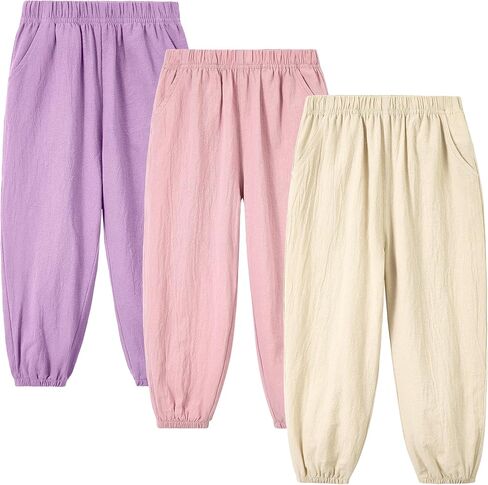 Miipat Toddler Cotton Linen Pants, 3 Pack Elastic Waist Harem Bloomer Pants, Baby Boys Girls Loose Summer Casual Joggers in Kuwait