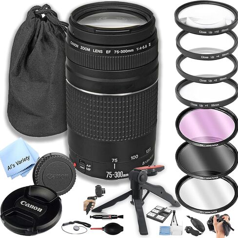 Canon EF 75-300mm f/4-5.6 III Telephoto Lens, 3PC Filter Kit,4PC Macro Kit,Lens Pouch,Grip, Grip Pod, Hood and More (21pc) (Renewed) in Kuwait