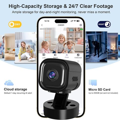 Mini Camera for Home Security,2K Indoor Camera,2.4G WiFi Cam,Black | 30-Day Long Battery Life,AI Humanoid Detection,Enhanced Night Vision,Pet Monitor in Kuwait