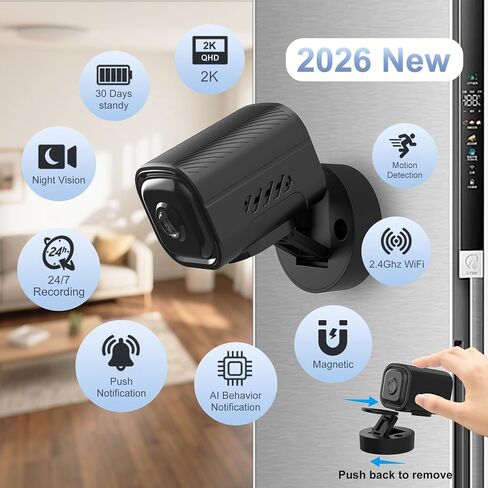 Mini Camera for Home Security,2K Indoor Camera,2.4G WiFi Cam,Black | 30-Day Long Battery Life,AI Humanoid Detection,Enhanced Night Vision,Pet Monitor in Kuwait